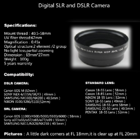 digital SLR and DSLR Camera 58-67 0.45X Wide Converter Lens